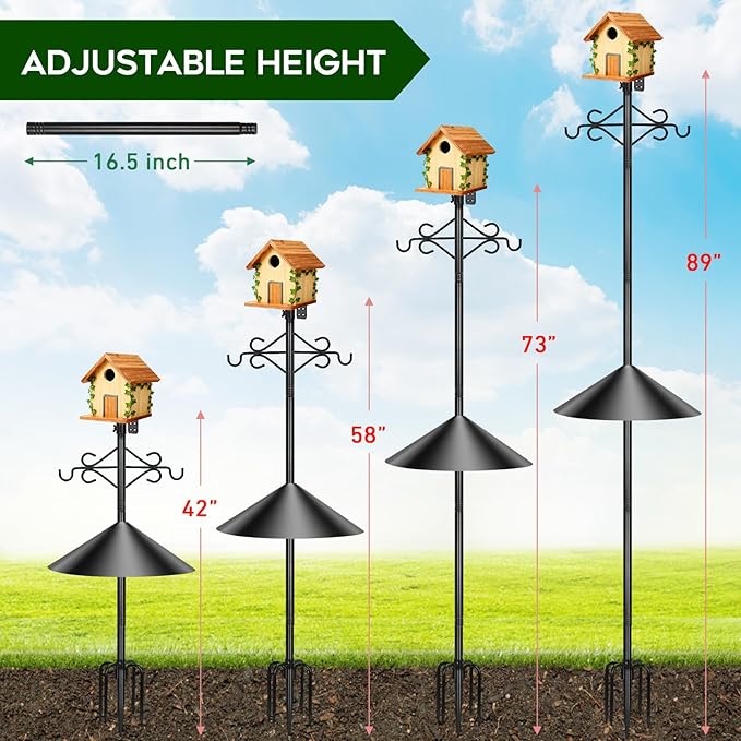 89 inch Double Hooks Heavy Duty Bird Feeder Pole with Squirrel Baffle for Outdoors,5-Prong Base Adjustable Bird House Pole for Smart Camera Birdfeeder,Bluebird House