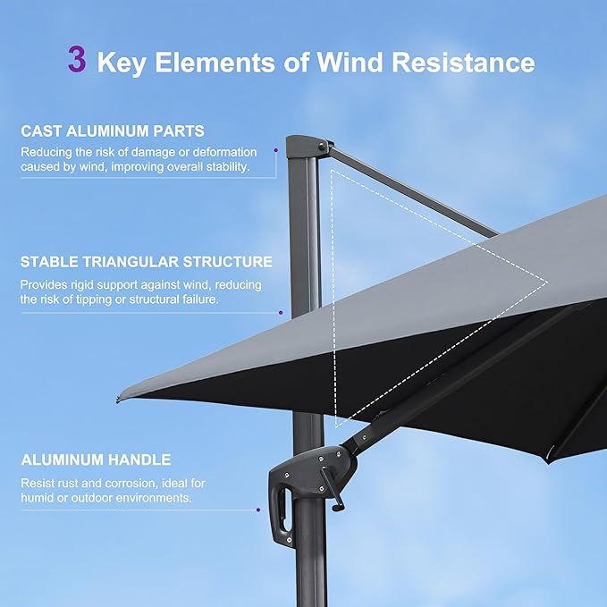 PURPLE LEAF 12' X 12' Patio Umbrella Outdoor Square Umbrella Large Cantilever Windproof Offset for Garden, Deck, Backyard and Pool, Grey