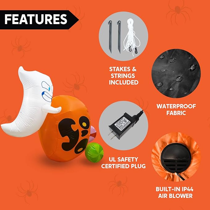 Joiedomi 5 ft Tall Halloween Inflatable Outdoor Decoration, Halloween Blow Ups Cute Ghost Halloween Decorations with Pumpkin Candy Bag with LEDs for Yard Decor