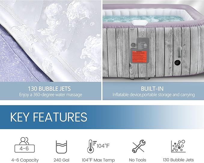Inflatable Hot Tub for 4-6 Adults – Portable Blow Up Hot Tub with 130 Air Jets, FastFill System & Thermal Cover – Outdoor Spa Hot Tubs for Patio, Backyard & Travel Use (Laminated PVC Square)