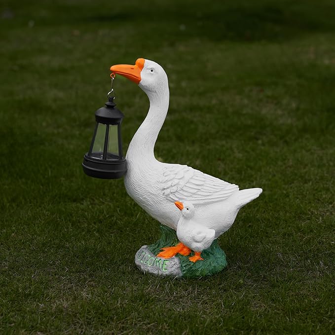 Solar Porch Goose Statue, Outdoor Goose Decor with Lantern for Yard Lawn Patio Balcony, Birthday Christmas Housewarming Gifts for Mom, Grandma, Women,12 Inch,Resin