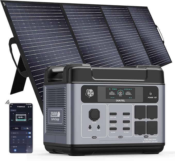 OUKITEL P2001 Plus 2400W Solar Generator with 400W Solar Panel, 2048Wh Solar power station, 1800W Fast Charging, Smart APP Control Emergency Power Station for Home, Camping, Outdoor Battery Backup