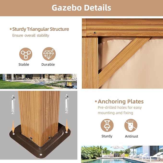 YOLENY 10' x 12' Hardtop Gazebo, Wood-Looking Gazebo with Galvanized Steel Double Roof, Aluminum Frame, Permanent Metal Pavilion with Netting and Curtains for Deck, Backyard, Patio and Lawns