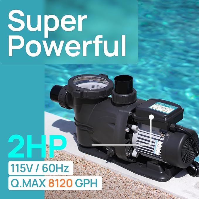In/Above Ground Pool Pump, Self Primming High Flow (with Timer, 2HP, 8120 GPH, 115V)