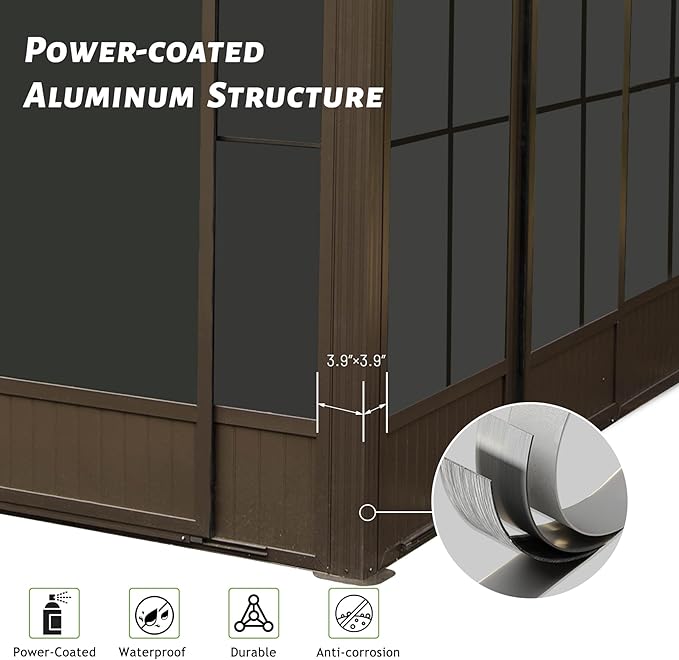 12'x14' Lean to Sunroom, All Weather Wall Mounted Solarium, Hardtop Aluminum Gazebo with Galvanized Steel Roof, 2 Sliding Doors, PVC Screens, Outdoor Permanent Sun Room for Patio, Deck, Backyard