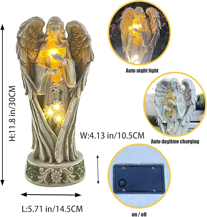 Angel Statue for Garden, Solar Angel for Cemetery Decorations, Unique Funeral Memorial Gifts, Praying Angel Cross Memorial Statue