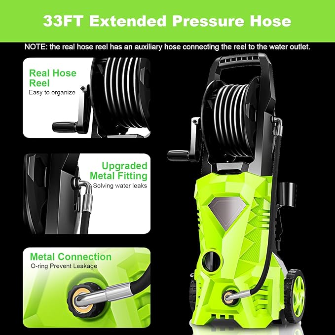 Pressure Cleaner High Power Cleaner with 4 Pressure Nozzle and Foam Cannon, powerCleaners for Home, Car Washing, Fence Cleaning, Patio, Green