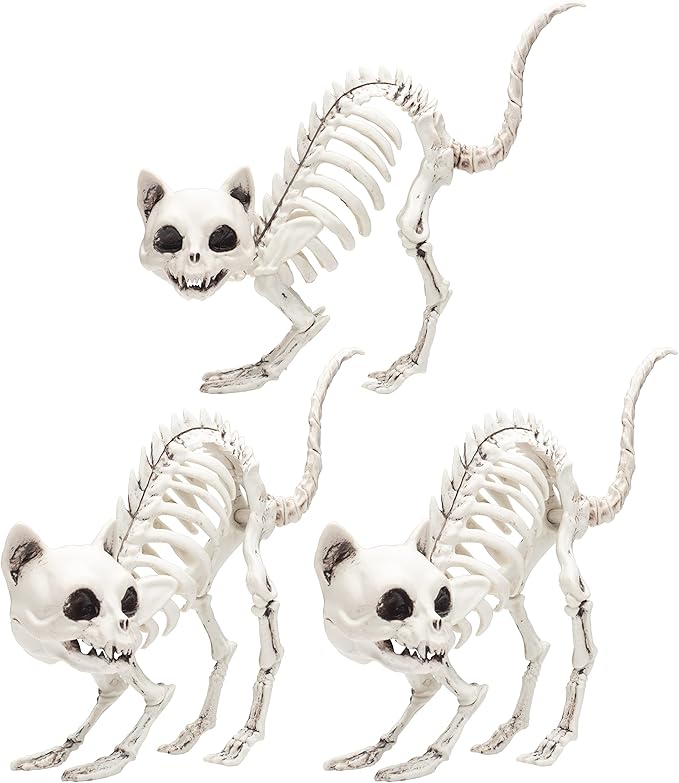 SCS Direct Kitten Skeleton Halloween Decoration (3 Pack)-7.5" Long-Weather Resistant - Upgrade Your Fall Graveyard Haunted House Party Props, Trick-or-Treat Decor, School Classroom