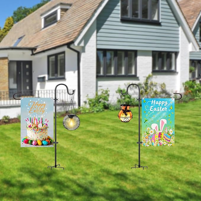 Upgraded 46 Inch Heavy Duty Metal Garden Flag Holder with Shepherd Hook, Yard Stand Fits 12x18 Flags - Solar Lights & Flags Not Included