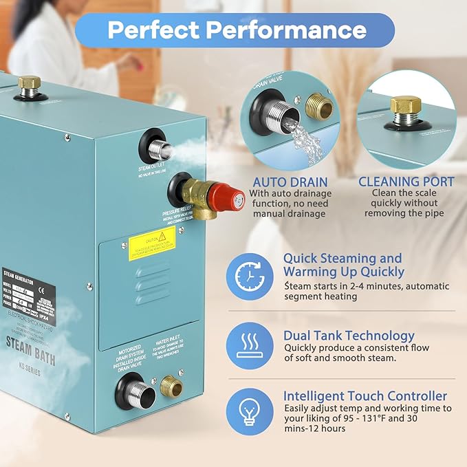 Kooby 9KW Luxury Self-draining Steam Generator Shower Sauna Bath Home Steam Bath Spa Generator with Waterproof Control and Auto Drain 95-131℉ for Max Space Heating 9 m³ (320 ft3)