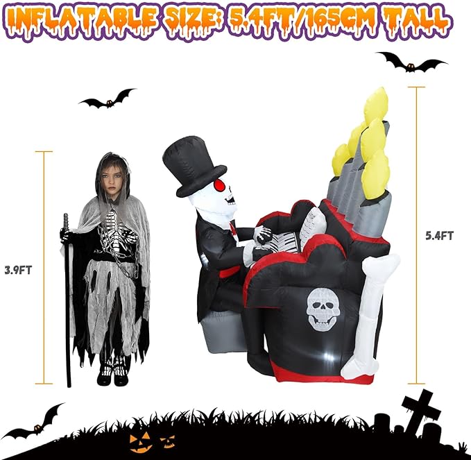 Bonus Bluetooth Speaker! 5.4x5.4FT Giant 3D Novelty Halloween Inflatable Skeleton Playing Piano with Build-in LED Lights and Bluetooth Speaker, Playing Music Remotely by Youself! Outdoor Indoor Decor