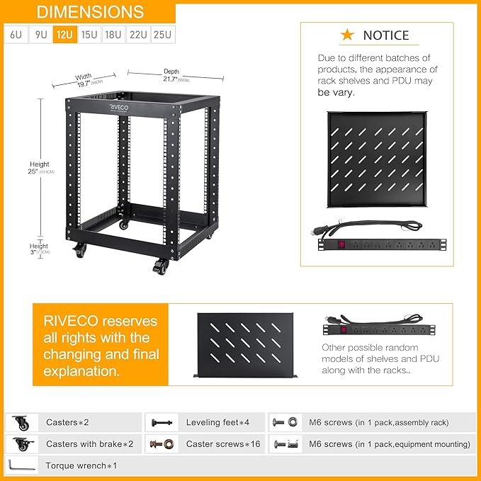 RIVECO 19" 12U Server Rack Open Frame with Wheels + PDU (8 Outlets) Power Strip Surge Protector + 1U Rack Shelf Cantilever Tray Set Black