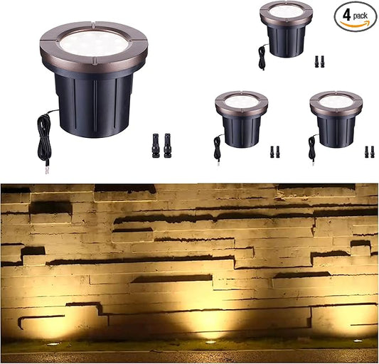 LED Well Light, In Ground Landscape Lights Low Voltage Outdoor, 12V IP67 Waterproof, Bright Wired Aluminum ORB for Patio Pathway Lawn 6W 580LM 4 Pack