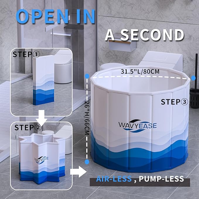 WAVYEASE Portable Bath Tub for Adults -(31.5"L x 26"H) Foldable Cold Plunge Tub for Recovery - Collapsible Soaking Bath Tub for Shower Stall Home SPA - Outdoor Ice Bathtub for Athletes (White)