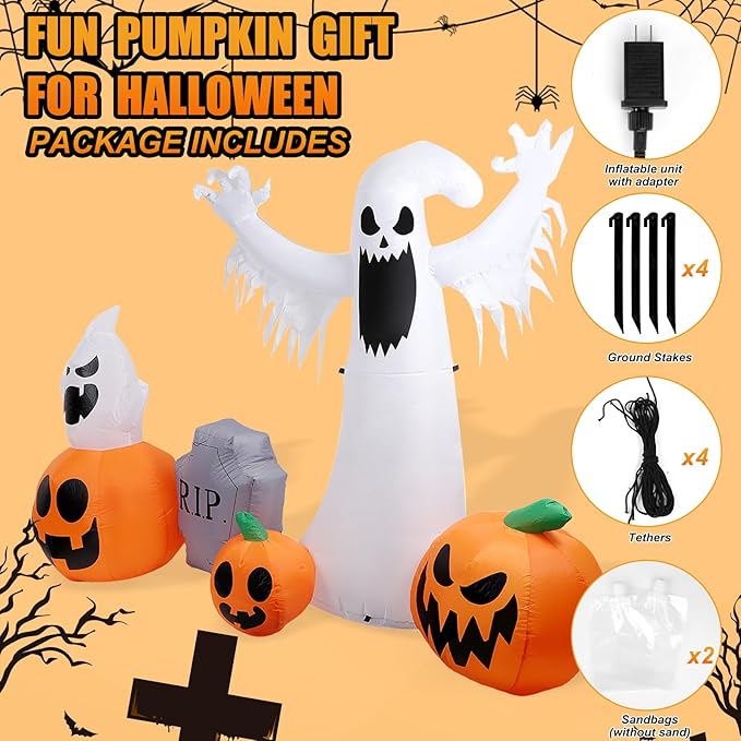 8 FT Halloween Inflatables Ghost & Pumpkins Outdoor Decorations, Inflatable Blow Up Yard Decor with Color Changing LEDs, Inflatable Decorations Outdoorfor Yard Garden