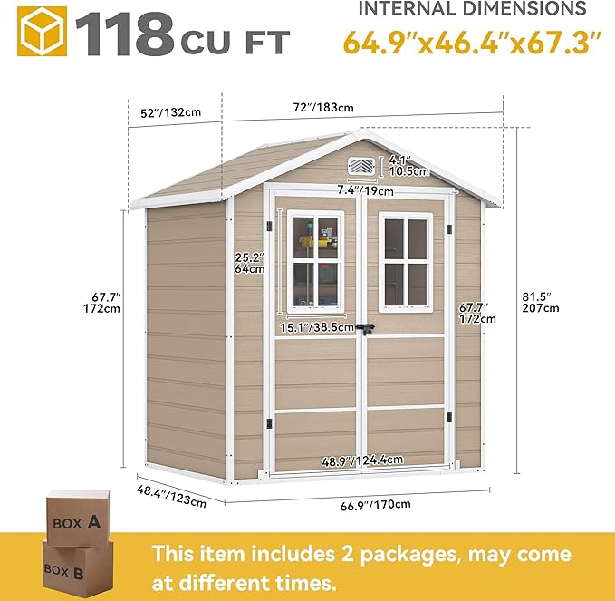 DWVO 6x4.4 FT Outdoor Storage Shed, Plastic Garden Tool Shed with 2 Windows, Double-Wall Outside Shed for Lawn Mower, Garden Tool for Backyard, Patio, Lawn, Lockable, Beige