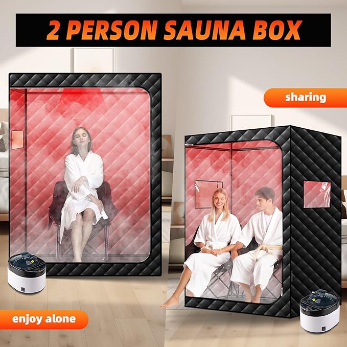 Portable Infrared Steam Sauna with Red Light Therapy Lamp, 2 Person Saunas Tent with 4L Steamer, 2 Large Folding Chairs, Remote Control, Indoor 1 or 2 Person Home Spa for Gym/Pilates/Garage