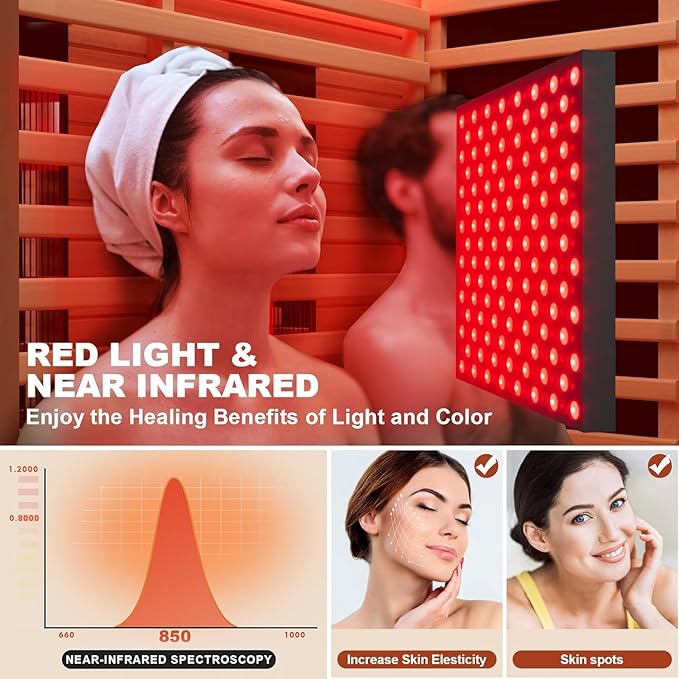 MEISSALIVVE Full Spectrum Sauna for Home, 2~3 Person Indoor Infrared Sauna Room with 10 Minutes Warm-up Heate, Canadian Hemlock Wood Home Infrared Sauna with Bluetooth and Tempered Glass