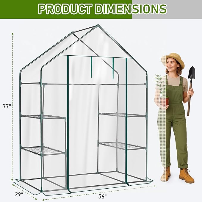 Outvita Walk-in Greenhouse, Outdoor Durable PVC Plant Green House for Frost Protection with 3 Tiers 4 Shelves, Shelf Clips, Roll-up Zipper Door, 56"x29"x77" Transparent