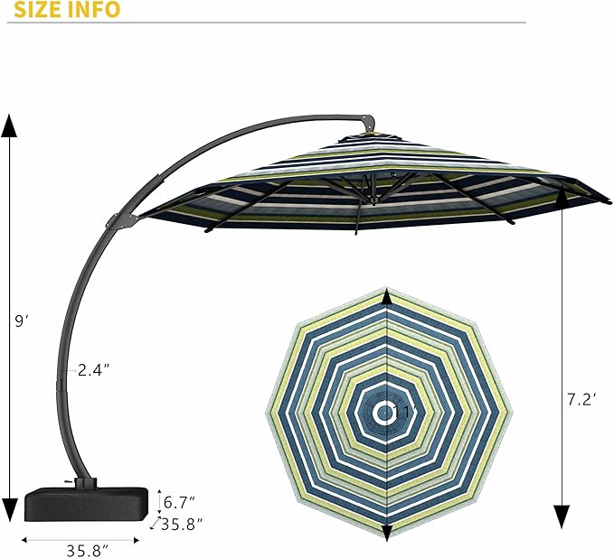 Kingdura 11ft Offset Cantilever Patio Umbrella with Base Included, Large Round Aluminum Outdoor Umbrella with 100% Acrylic Fabric, 360° Rotation & Infinite Tilt for Deck Pool Backyard, Green Stripes