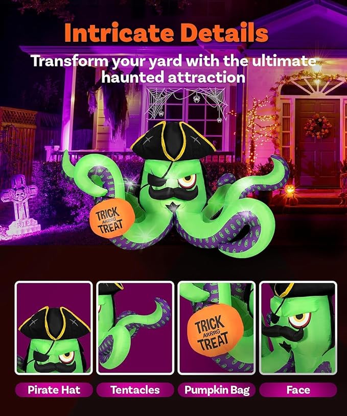 12FT Length Halloween Inflatables Pirate Octopus with Pumpkin, Halloween Blow Up Pirate Octopus Inflatables Built-in 9 Bright LEDs for Halloween Inflatable Outdoor Yard Lawn Garden Decoration