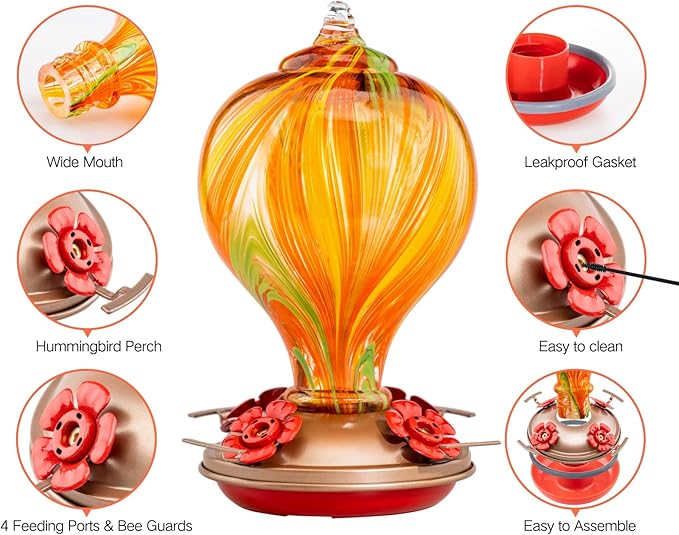 Muse Garden Hummingbird Feeders for Outdoors Hanging, Blown Glass Hummingbird Feeder, Unique Hummingbird Gifts for Women, Garden Backyard Decor, 32OZ, Orange Stripes