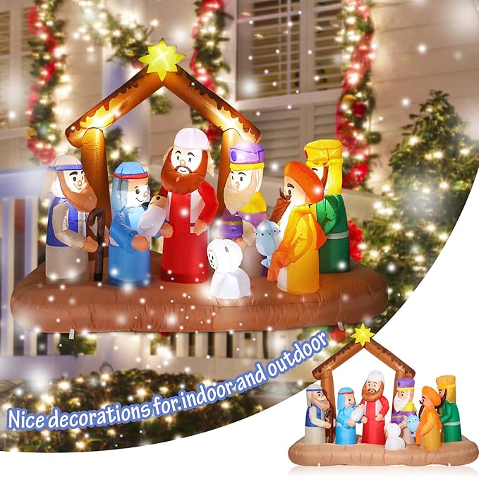 VCUTEKA Christmas Inflatables Outdoor Decorations, 7FT Inflatable Nativity Scene Manger Set with Sheep Stable Jesus Blow Up Built-in LED Lights for Holiday Yard Garden Lawn Xmas Decor