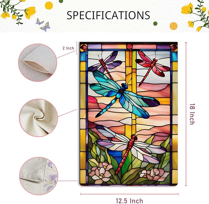 Spring Summer Dragonfly Garden Flag Stained Glass Style Flowers Garden Flag Vertical Double Sided Rustic Farmland Burlap Yard Lawn Outdoor Decor 12.5x18"