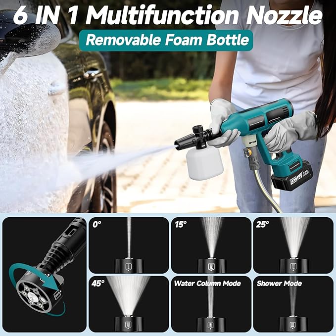 2025 Upgrade Cordless Pressure Washer, Portable Power Washer with 4.0Ah Battery & Charger, 700PSI Handheld Pressure Washer with 5M Hose, 4-Speed Setting, 6-in-1 Nozzle, Powered Cleaner for Car Floor
