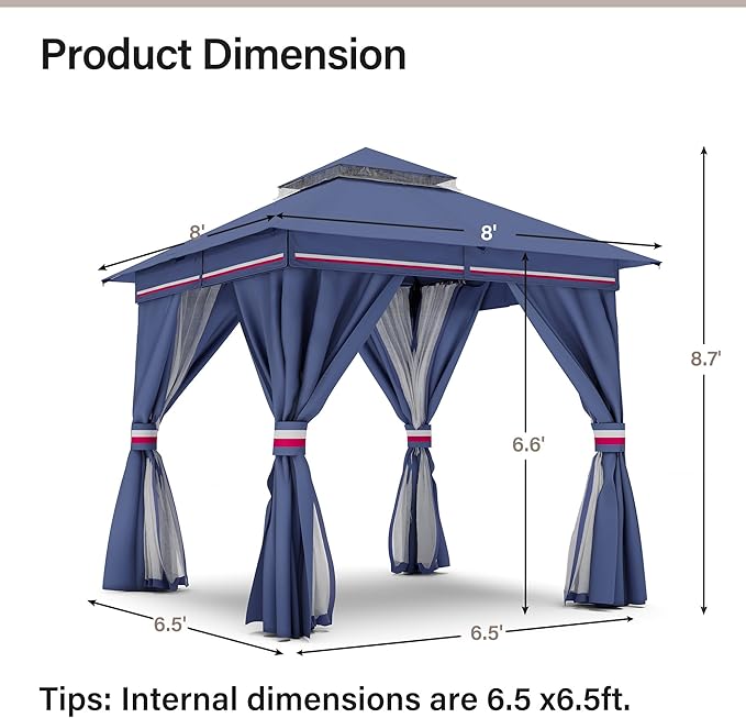 LAUSAINT HOME Outdoor Patio Gazebo 8'x8' with Expansion Bolts, Heavy Duty Gazebos Shelter Party Tent with Double Roofs, Mosquito Nettings and Privacy Screens for Backyard, Garden, Lawn, Navy Blue