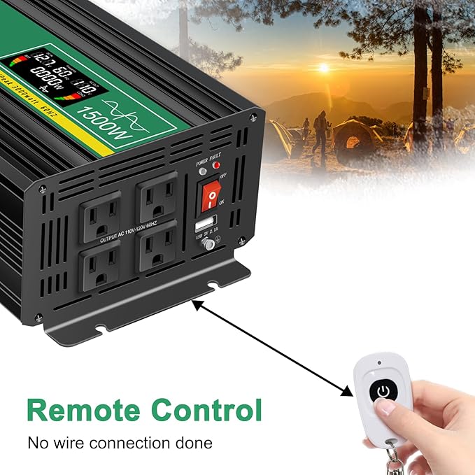 JIGUUN Pure sine Wave Inverter 1500W, 12V to 110V Power Inverter Converter with 4 AC sockets, USB Output and LED Display for RV Camping Emergency Household appliances (PRO1500WLCD)