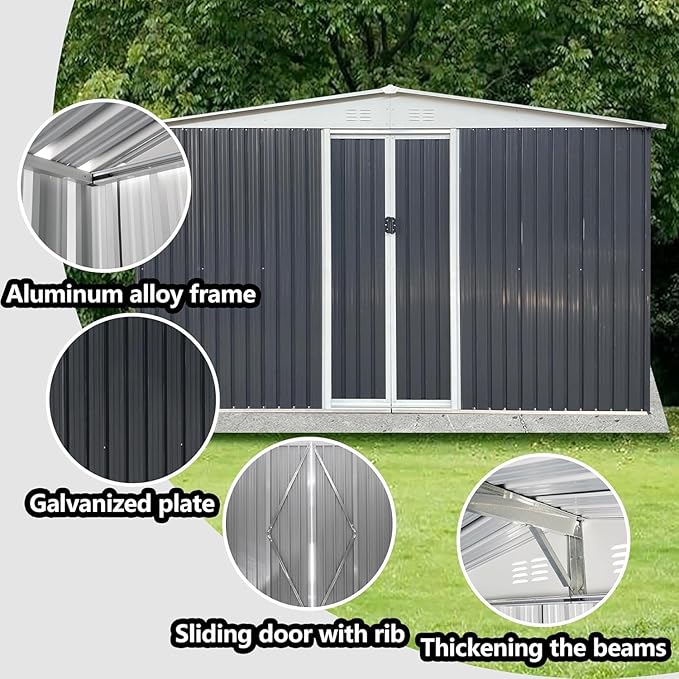 10FT x 8FT Outdoor Storage, Metal Anti-Corrosion Utility Tool House with Lockable Door & Shutter Vents，Outdoor Waterproof Garden Tool Storage Sheds