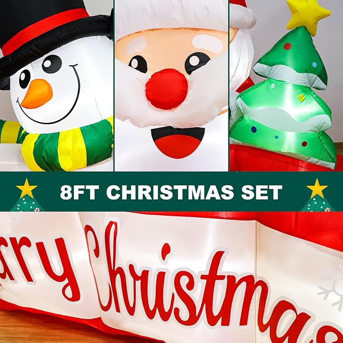 8ft Christmas Inflatables Banner Outdoor Decorations + 6ft Inflatable Snowman Santa Claus Christmas Blow Up Yard Decorations with Build-in LEDs Christmas Inflatable Decoration for Yard