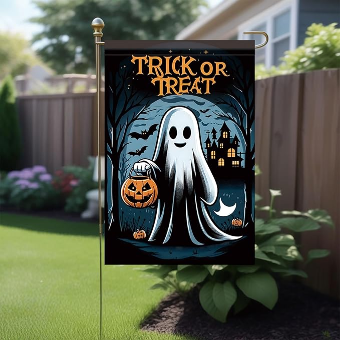 12x18 Inch Halloween Ghost Garden Flag Trick or Treat Ghost Yard Banner Pumpkin Lantern Outdoor Decoration Double Sided Seasonal Holiday Welcome Sign for Patio Lawn Home Party Fall Theme