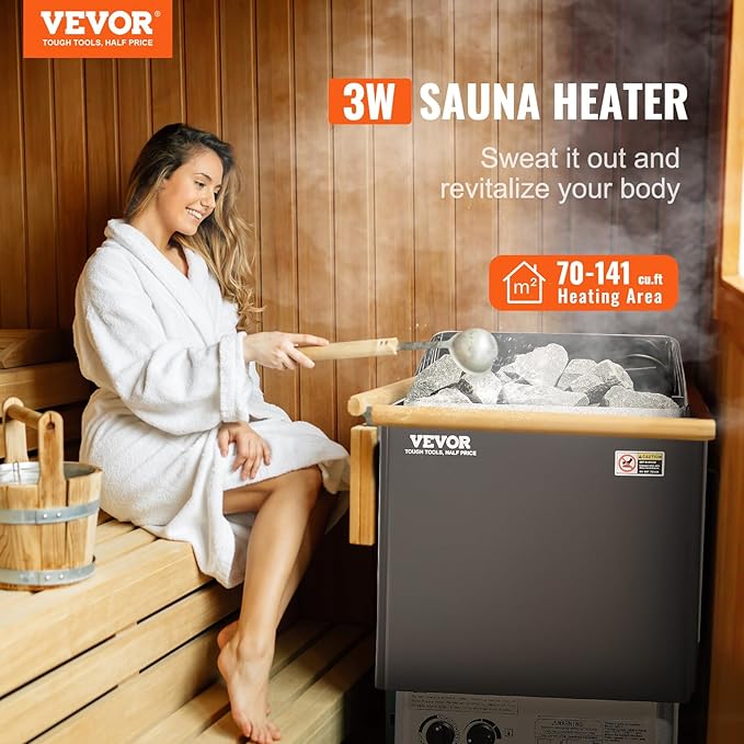 VEVOR Sauna Heater, 3KW 220V Electric Sauna Stove, Steam Bath Sauna Heater with Built-in Controls, 3h Timer and Adjustable Temp for Max. 70-141 Cubic Feet, Home Hotel Spa Shower Use