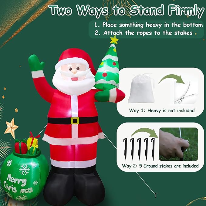 8FT Christmas Inflatables Santa Claus with Christmas Tree ＆ Gift Bag Christmas Blow up Decoration with Built-in 6 LED Lights Large Xmas Blow up Santa Claus for Yard Party, Xmas New Year Kids Gifts