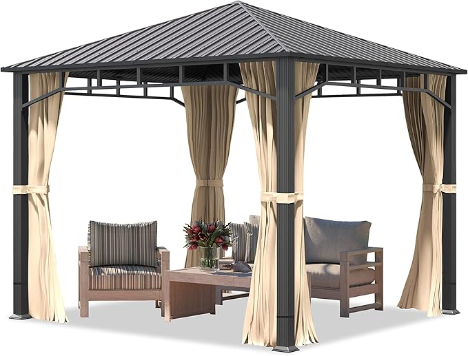 TOOLPORT Hardtop Gazebo 10x10 ft with Steel Roof - 4 Side Panels in Champagne - Approx. 3.54x3.54 in Aluminium Poles