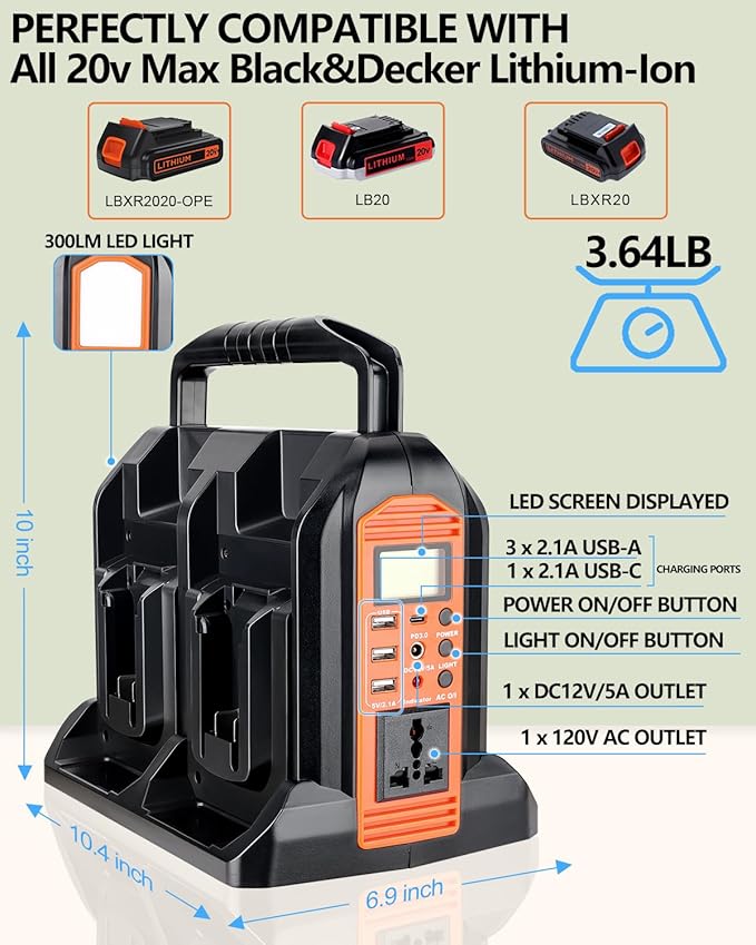350W Power Inverter for Black+Decker 20v Battery, 4-Ports DC 20V to AC 110-120V Pure Sine Wave Battery Inverter with 3 USB-A Port, 1 USB-C Port,300lm LED Light for Camping Travel Emergency(Tool Only)