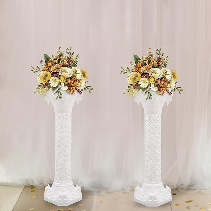 Roman Column Pedestal, Plastic White Columns for Weddings Indoor/Outdoor Roman Pillar Stand for Table Sculptures, Vase, Garden Decor (2PCS, 10.6 x 34.6 Inch Fretwork)