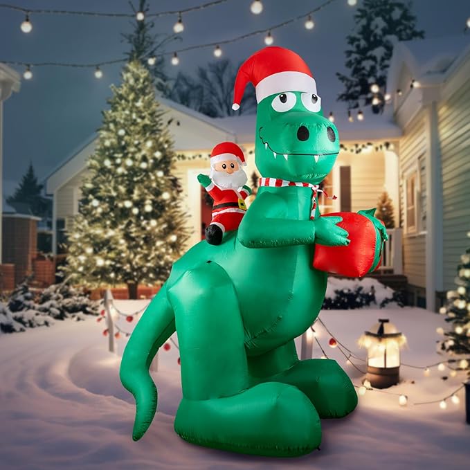 HFO 10ft Tall Christmas Inflatable Outdoor Decorations, Blow up Yard Decor with Santa Claus Rides a Dinosaur to Deliver Gifts, Bright LED Lights Christmas Outdoor Decorations