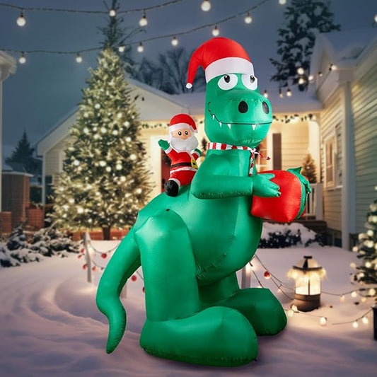 HFO 10ft Tall Christmas Inflatable Outdoor Decorations, Blow up Yard Decor with Santa Claus Rides a Dinosaur to Deliver Gifts, Bright LED Lights Christmas Outdoor Decorations
