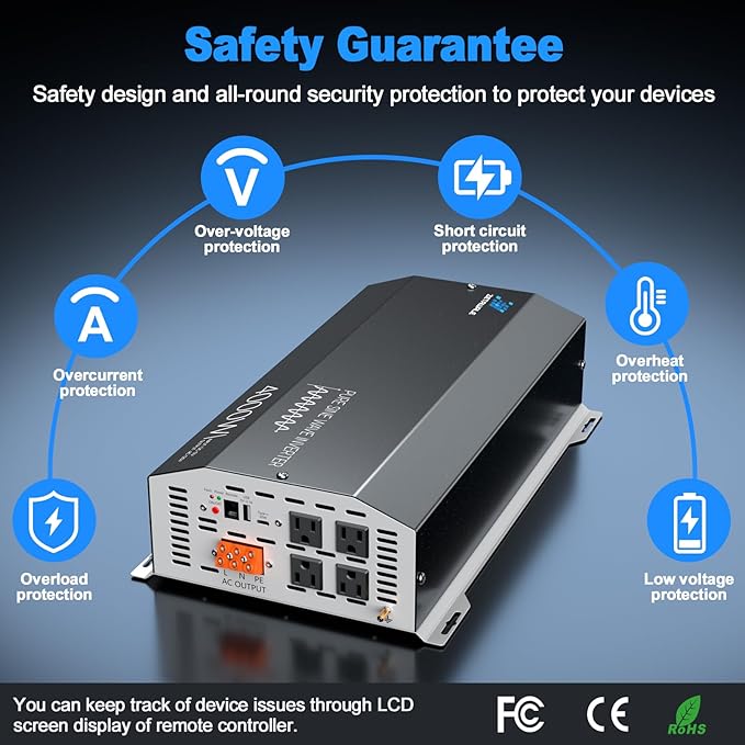 4000 Watt Pure Sine Wave Inverter 12v DC to 110v 120v AC Converter,8000W Peak Power Inverter with 4 AC Outlets,USB Port,Type-C,Remote Control LCD Display for Truck, RV, Vehicles, Solar Off-Grid