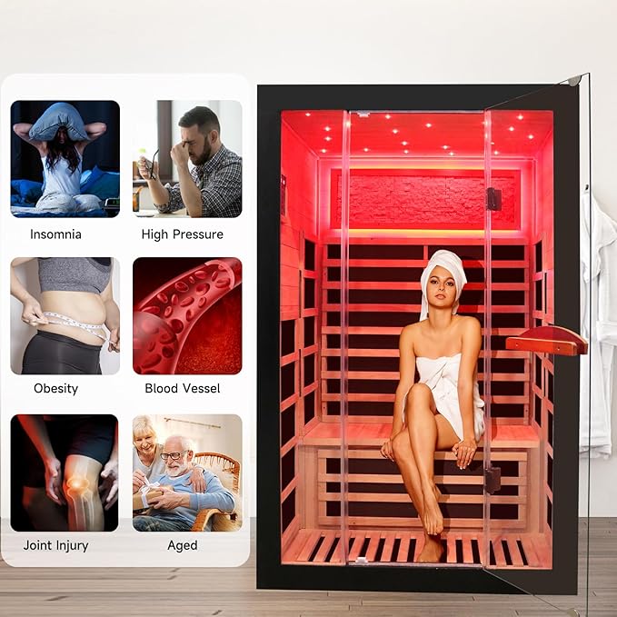 Infrared Sauna 2000W Wooden Saunas Home Spa Room Wood Low-EMF Indoor Saunas with with 7 Color Starry Sky Ceiling Light for Two Person 74.8 * 47.2 * 41.3Inch