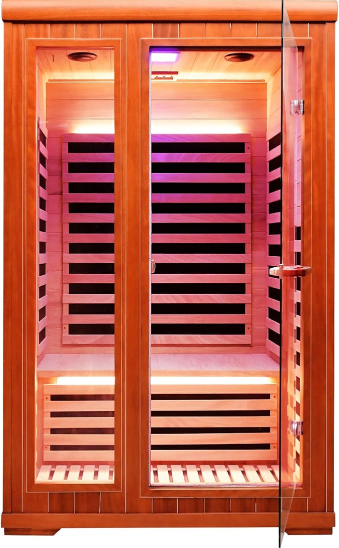 Sauna Infrared Sauna 2 Person Sauna Room Far Infrared for Sauna Home Indoor 1880W/110V Low-EMF Wood Okoume Dry Sauna Two Person Sauna with Air Hole, 7 Color Therapy, Speaker - 47.2 * 41.3 * 74.8 in