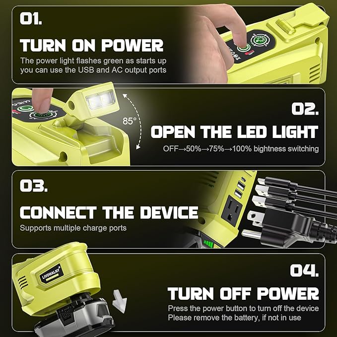 2 Packs Power Inverter for Ryobi 18V, LIVOWALNY Real 200W Battery Inverter 18V to 110V-120V, Portable Power Adapter Charger Adapter Power Station Power Supply 2 USB-A & 1 Type-C & 1 AC (No Battery)