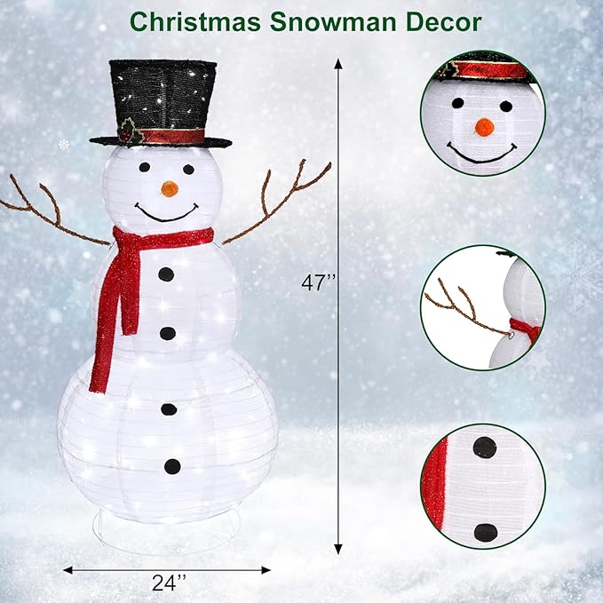Outvita Outdoor Christmas Decorations 4ft Lighted Snowman, White Snowman with Twinkle Lights Red Scarf Black Hat, Foldable Snowman for Xmas Indoor and Outdoor Garden, Yard Decor