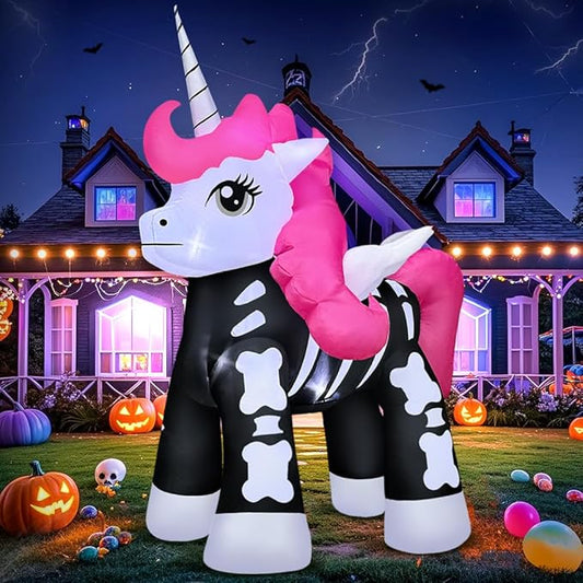 5FT Halloween Inflatables Decoration Outdoor, Halloween Blow up Outdoor Decoration, Built in LED Lights Skeleton Unicorn Decorations for Party, Indoor, Outdoor, Garden, Yard Lawn Décor