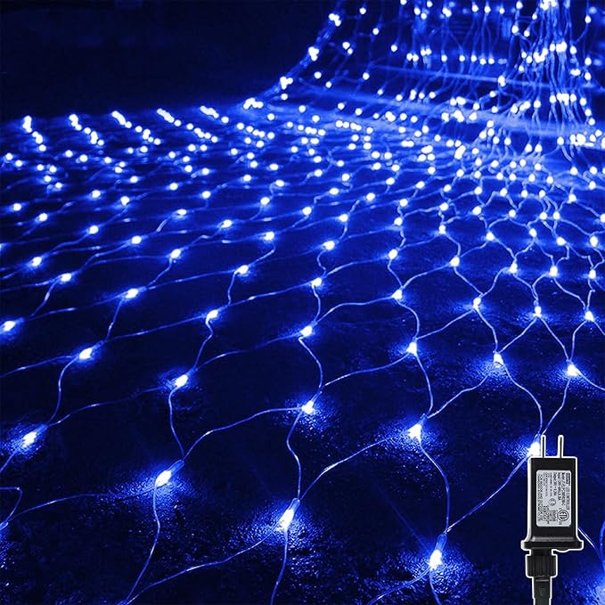 WATERGLIDE Outdoor Christmas Net Lights, 12FT x 5FT 360 LED Mesh String Light with 8 Lighting Modes, Connectable Waterproof Lights for Garden Tree Bushes, Holiday Wedding Party Decorations, Blue