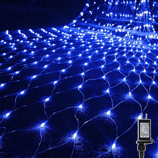 WATERGLIDE Outdoor Christmas Net Lights, 12FT x 5FT 360 LED Mesh String Light with 8 Lighting Modes, Connectable Waterproof Lights for Garden Tree Bushes, Holiday Wedding Party Decorations, Blue