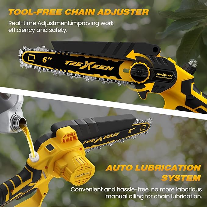 Mini Chainsaw, 6-Inch Electric Chainsaw Cordless, Upgraded 900W Brushless Portable Handheld Small Chain Saw with Auto Chain Regulator & Auto Oiler for Wood Cutting/TreeTrimming/Courtyard Garden